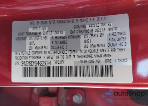 2021 Mazda Cx-30 Premium z USA, uszkodzony, nr VIN 3MVDMBDM5MM228074